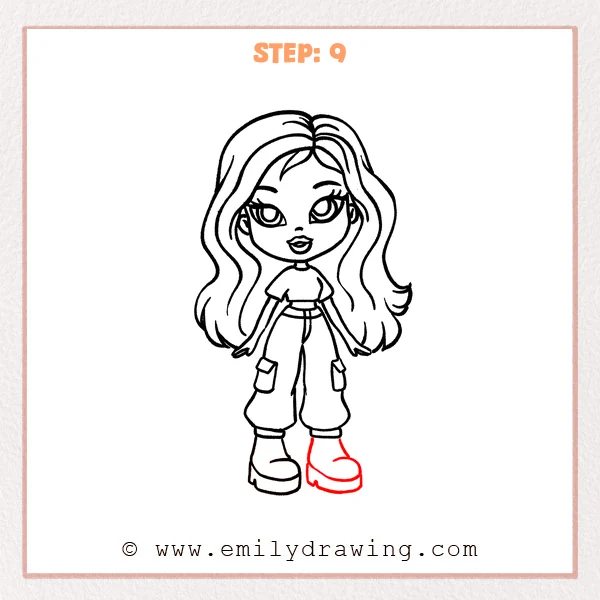 how to draw a bratz doll - A full-body Bratz doll drawing with both feet now wearing chunky platform shoes with thick layered soles.